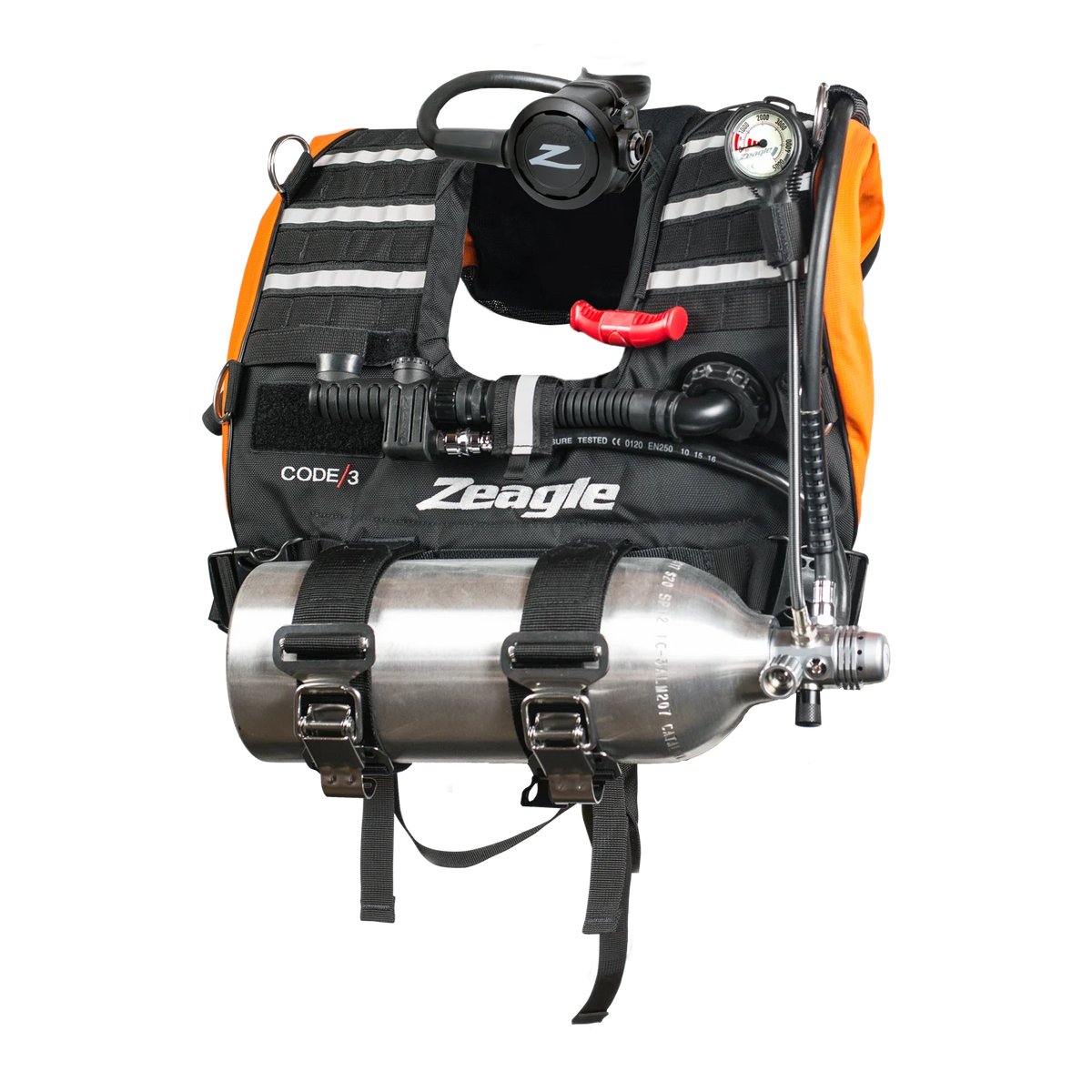 Code 3 Orange w/Razor II Regulator, Sanded/Black Tank; Single Gauge (5000 psi) with Miflex Hose — product view 1