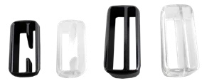 Mask strap retainer comparison: 16 mm black, 16 mm clear, 22 mm black, 22 mm clear, from left to right