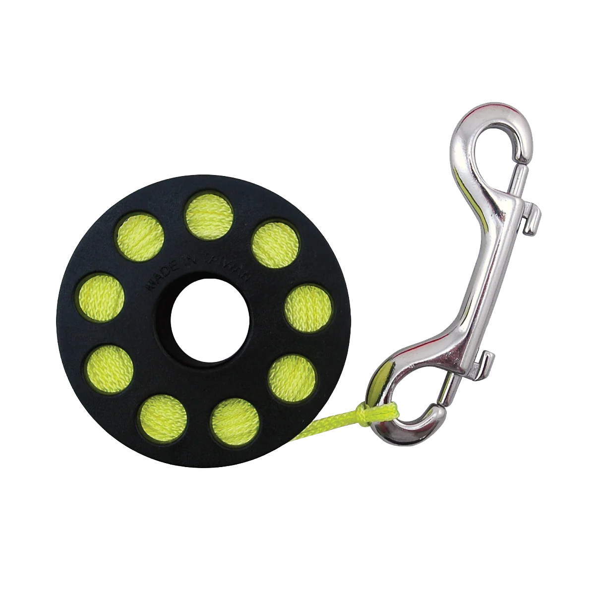 XS Scuba nylon finger spool with line and stainless double-ender; representative family photograph