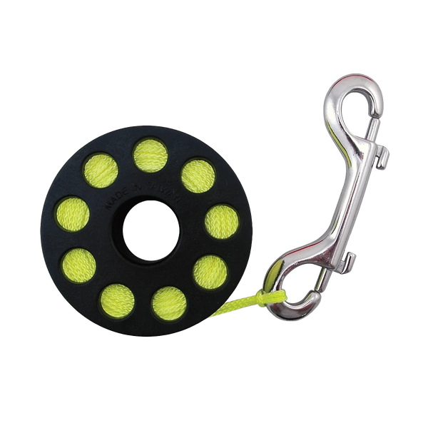 XS Scuba nylon finger spool with line and stainless double-ender; representative family photograph