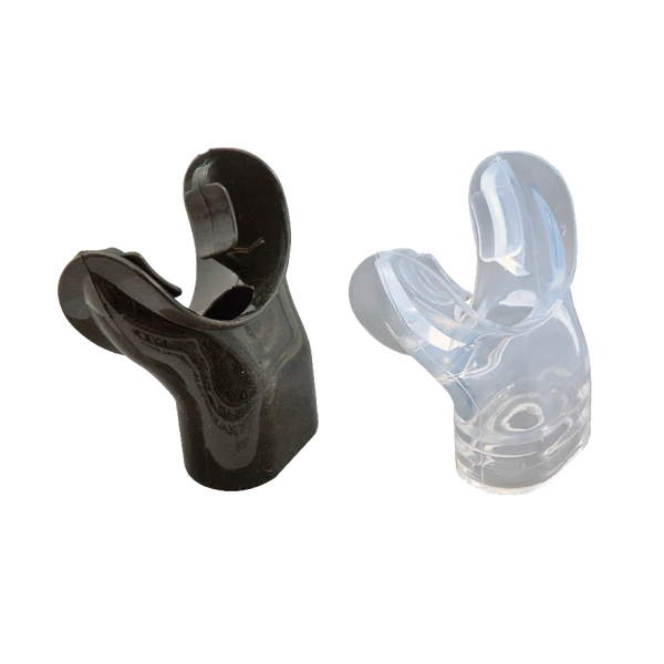 Standard snorkel mouthpiece in black and clear silicone; one selected color supplied