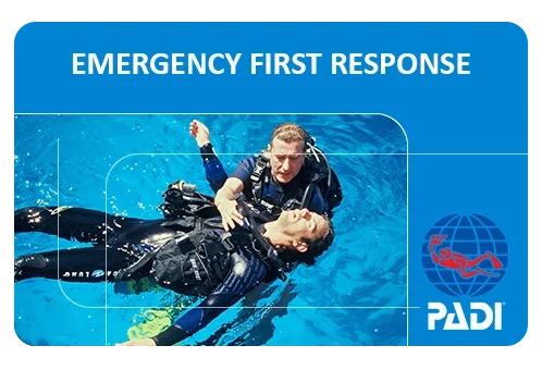 PADI Emergency First Response course graphic showing a diver assisting another diver at the surface.
