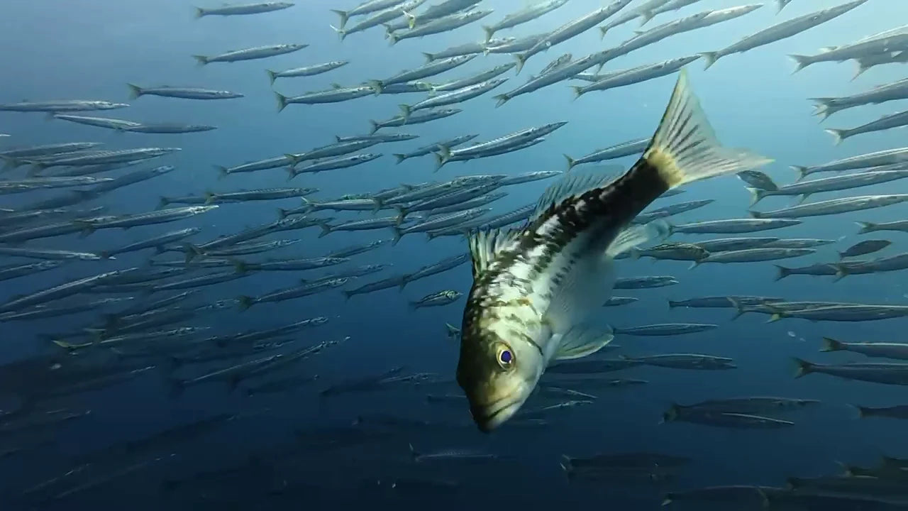 A large fish in the foreground with a school of slender silvery fish behind it, from John’s supplied diving image