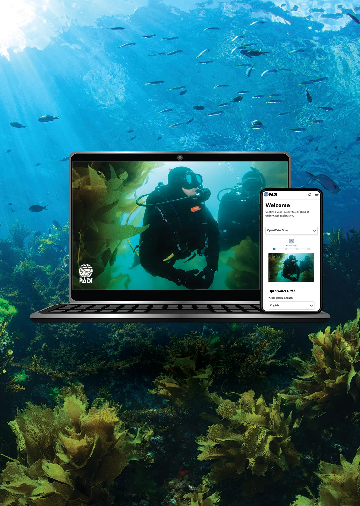 PADI eLearning artwork showing online study on a laptop and phone.